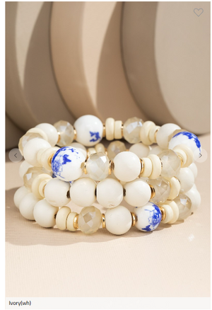 Floral Burst Ceramic and Wood Stackable Bracelet