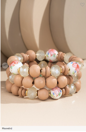 Floral Burst Ceramic and Wood Stackable Bracelet