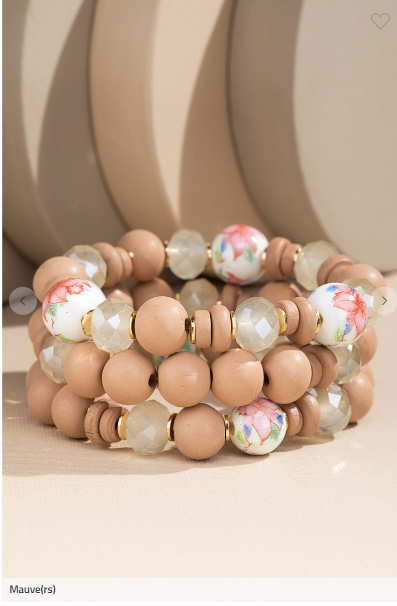 Floral Burst Ceramic and Wood Stackable Bracelet