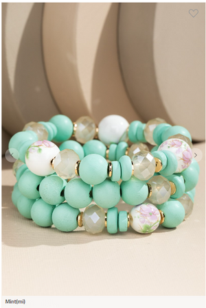 Floral Burst Ceramic and Wood Stackable Bracelet