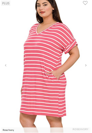 SALE- Victoria Striped Tshirt Dress w/Cuff Sleeve