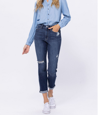 Judy Blue Darkwash Distressed Slim Straight Jeans