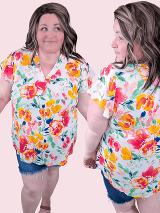 SALE- Marley Slit Neck Short Sleeve in Bold Floral on Ivory-1- ShortSlv/Slvless Tops-WHITE BIRCH-Styled by Stacked - A Plus Size Women's Boutique in Lakeville, MN