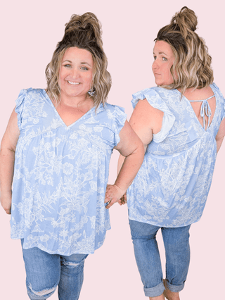 Aria Flutter Sleeve Vneck in Sky Blue Floral-1- ShortSlv/Slvless Tops-HEIMISH-Styled by Stacked - A Plus Size Women's Boutique in Lakeville, MN