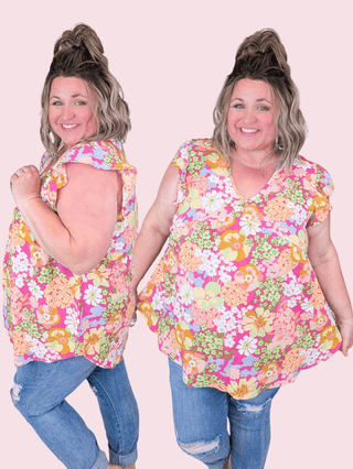 SALE- Catalina Magenta Floral Flutter Sleeve Babydoll Top-1- ShortSlv/Slvless Tops-HEIMISH-Styled by Stacked - A Plus Size Women's Boutique in Lakeville, MN