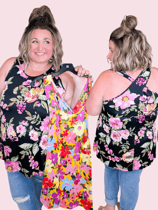 Lulu Crossover Floral Print Tank (2 colors)-1- ShortSlv/Slvless Tops-BE STAGE-Styled by Stacked - A Plus Size Women's Boutique in Lakeville, MN