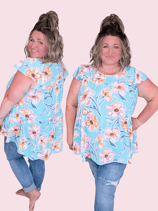 Eleanor Flowy Tiered Top in Aqua Mint Floral-1- ShortSlv/Slvless Tops-BE STAGE-Styled by Stacked - A Plus Size Women's Boutique in Lakeville, MN