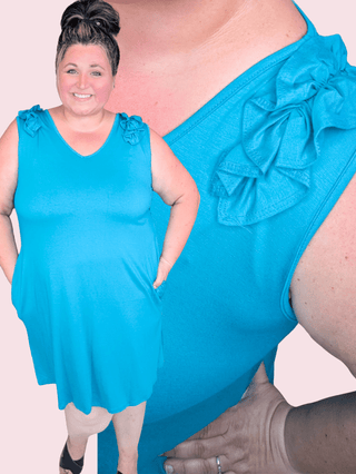 Shanna Ruffled Shoulder Tank Dress w/Pockets in Teal-11- Dress/Romp/Jump-HEIMISH-Styled by Stacked - A Plus Size Women's Boutique in Lakeville, MN