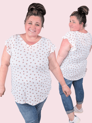 Johnna Ditsy Floral Flutter Sleeve Top in Ivory-1- ShortSlv/Slvless Tops-HEIMISH-Styled by Stacked - A Plus Size Women's Boutique in Lakeville, MN