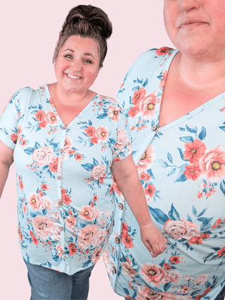 Coralie Button Detail Short Sleeve in Aqua Mint Floral-1- ShortSlv/Slvless Tops-HEIMISH-Styled by Stacked - A Plus Size Women's Boutique in Lakeville, MN