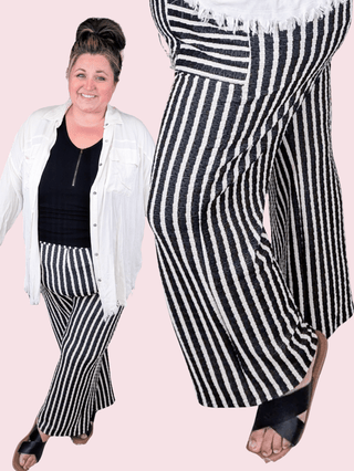 Michaela Pull On Straight Leg Pants in Black + Ivory Stripe-10- Bottoms Non-Denim-HEIMISH-Styled by Stacked - A Plus Size Women's Boutique in Lakeville, MN