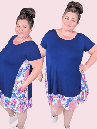 Taren Floral Blocked Tshirt Dress in Navy-11- Dress/Romp/Jump-HEIMISH-Styled by Stacked - A Plus Size Women's Boutique in Lakeville, MN
