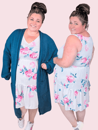 SALE- Vienna Vneck Tiered Tank Dress in Light Gray Floral-11- Dress/Romp/Jump-HEIMISH-Styled by Stacked - A Plus Size Women's Boutique in Lakeville, MN
