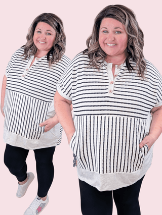 Jeni Short Sleeve Dolman Pullover w/Kanragoo Pocket in Black Stripe-1- ShortSlv/Slvless Tops-HEIMISH-Styled by Stacked - A Plus Size Women's Boutique in Lakeville, MN