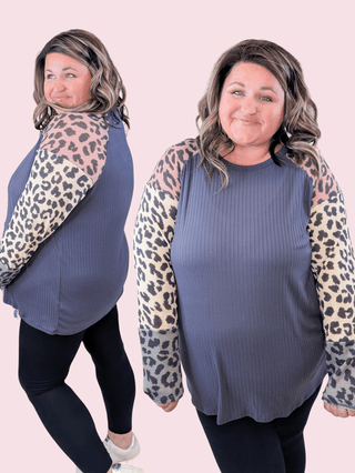 Crystal Charcoal Raglan Top w/Waffle Knit Animal Print Sleeves-2- Long Sleeve Tops-HAPTICS-Styled by Stacked - A Plus Size Women's Boutique in Lakeville, MN
