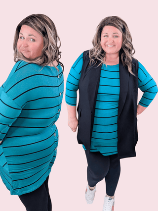 Sharon Button Back 3/4 Sleeve Tunic in Teal + Black Stripe-2- Long Sleeve Tops-EMERALD-Styled by Stacked - A Plus Size Women's Boutique in Lakeville, MN