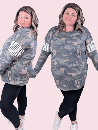 Sylvie Camo Pullover w/Stripe Accent-2- Long Sleeve Tops-LOVELY MELODY-Styled by Stacked - A Plus Size Women's Boutique in Lakeville, MN
