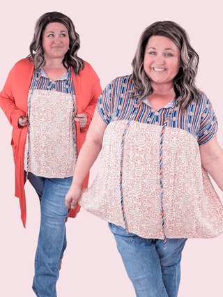 Meri Stripe Top Boho Blouse w/Floral Bottom-1- ShortSlv/Slvless Tops-HAPTICS-Styled by Stacked - A Plus Size Women's Boutique in Lakeville, MN