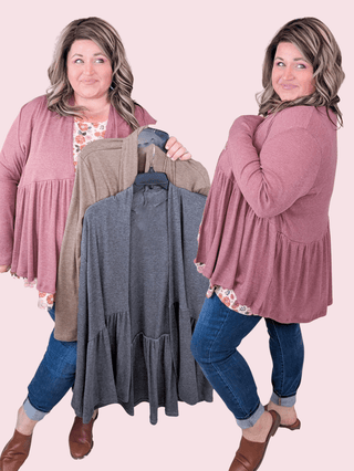 Veronica Tiered Ribbed Cardigan in Solids (3 Colors)-4- Overlayer Tops-BE STAGE-Styled by Stacked - A Plus Size Women's Boutique in Lakeville, MN