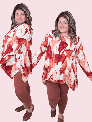 Dominique Long Sleeve Watercolor Painted Top in Rust, Ivory + Gold-2- Long Sleeve Tops-Shopin LA-Styled by Stacked - A Plus Size Women's Boutique in Lakeville, MN