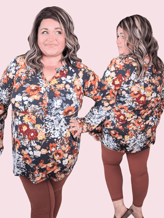 Mina Long Sleeve Button Babydoll in Fall Floral-2- Long Sleeve Tops-HEIMISH-Styled by Stacked - A Plus Size Women's Boutique in Lakeville, MN