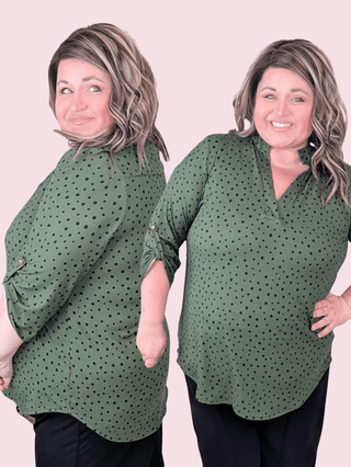 Shelbie 3/4 Sleeve Gabby Top in Olive + Dots-2- Long Sleeve Tops-HEIMISH-Styled by Stacked - A Plus Size Women's Boutique in Lakeville, MN
