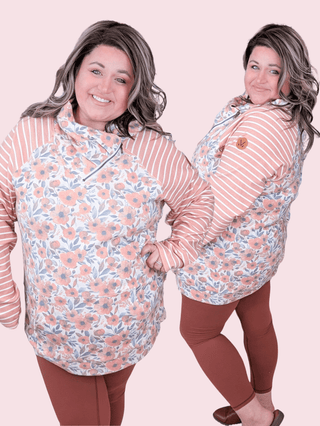 PHC- Triple Stretch ZipCowl Pullover in Faded Rust Floral + Stripe-3- Hooded Tops-Michelle Mae-Styled by Stacked - A Plus Size Women's Boutique in Lakeville, MN