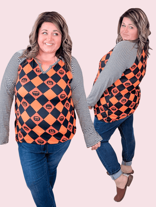 SALE- Jacko Long Sleeve Raglan in Halloween Argyle-2- Long Sleeve Tops-HEIMISH-Styled by Stacked - A Plus Size Women's Boutique in Lakeville, MN