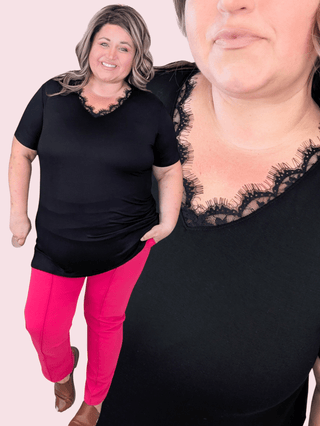 River Eyelash Lace Vneck Top in Black-1- ShortSlv/Slvless Tops-HEIMISH-Styled by Stacked - A Plus Size Women's Boutique in Lakeville, MN