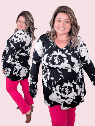 Jessa Slinky Babydoll in Black + White Floral-2- Long Sleeve Tops-HEIMISH-Styled by Stacked - A Plus Size Women's Boutique in Lakeville, MN