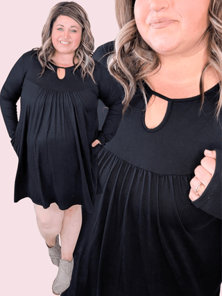 Cece Lightweight Long Sleeve Black Dress w/Keyhole-11- Dress/Romp/Jump-WHITE BIRCH-Styled by Stacked - A Plus Size Women's Boutique in Lakeville, MN