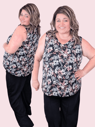 Shandi V-Neck Drawn Floral Tank on Black-1- ShortSlv/Slvless Tops-WHITE BIRCH-Styled by Stacked - A Plus Size Women's Boutique in Lakeville, MN