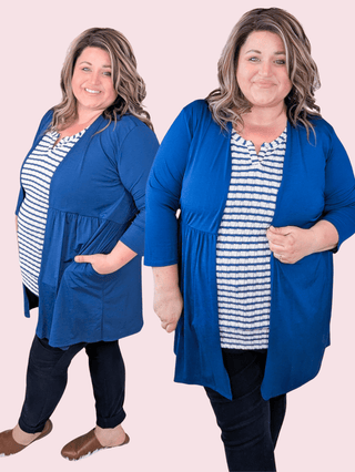 Darla Babydoll 3/4 Sleeve Cardigan in Navy-4- Overlayer Tops-HEIMISH-Styled by Stacked - A Plus Size Women's Boutique in Lakeville, MN