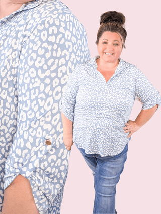 Avril Slit Neck Collared 3/4 Sleeve Top in Blue Animal Print-1- ShortSlv/Slvless Tops-HEIMISH-Styled by Stacked - A Plus Size Women's Boutique in Lakeville, MN