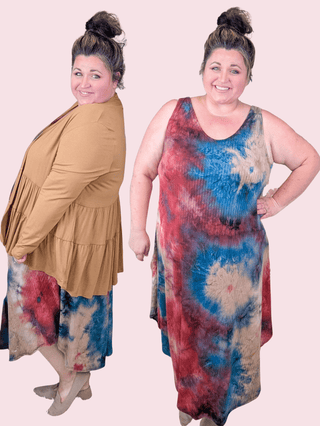 Nico Ribbed Midi Tank Dress in Red, Teal + Taupe Tiedye-11- Dress/Romp/Jump-EMERALD-Styled by Stacked - A Plus Size Women's Boutique in Lakeville, MN