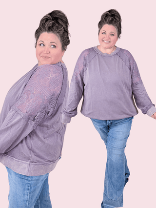 Jayne Lace Accent Mineral Wash Pullover in Dusty Purple-2- Long Sleeve Tops-WHITE BIRCH-Styled by Stacked - A Plus Size Women's Boutique in Lakeville, MN