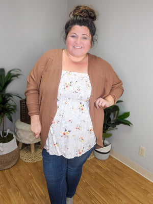 JoJo Taupe Floral Ruched Tank Top