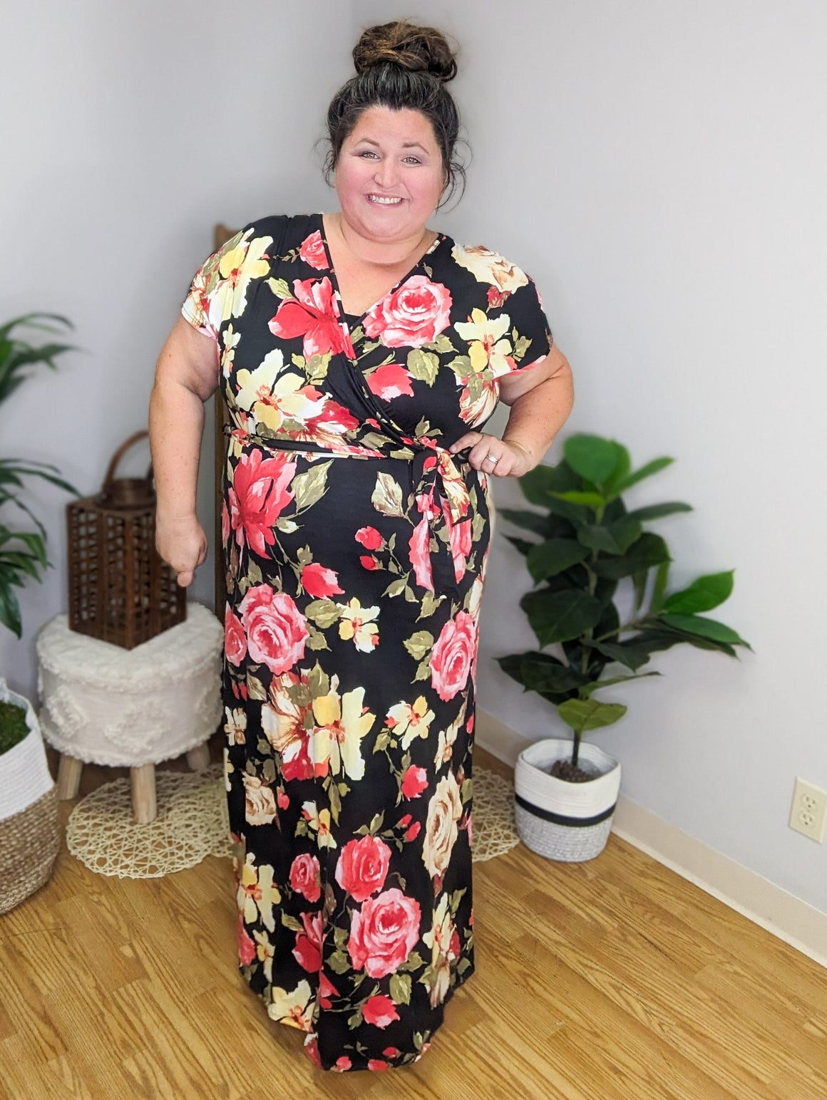 Floral Noir Wrapped Black Maxi Dress