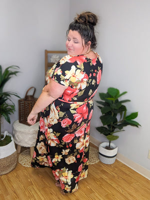 Floral Noir Wrapped Black Maxi Dress