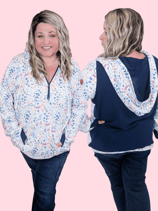 PHC- Triple Stretch Halfzip Hoodies in Paradise Wildflower + Navy-3- Hooded Tops-MICHELLE MAE-Styled by Stacked - A Plus Size Women's Boutique in Lakeville, MN