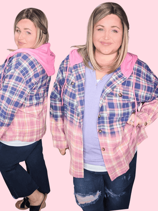 Ava Dip-Dyed Plaid Hooded Flannel Top-4- Overlayer Tops-WHITE BIRCH-Styled by Stacked - A Plus Size Women's Boutique in Lakeville, MN
