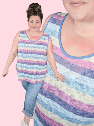 Nicola Scoopneck Stripe Tank Top w/Blue Trim-1- ShortSlv/Slvless Tops-HAPTICS-Styled by Stacked - A Plus Size Women's Boutique in Lakeville, MN