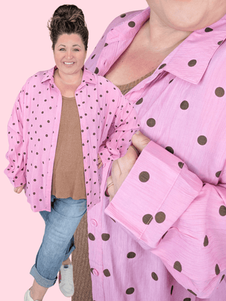 Chrissy Relaxed Button Down Top in Pink Polka Dot-2- Long Sleeve Tops-WHITE BIRCH-Styled by Stacked - A Plus Size Women's Boutique in Lakeville, MN
