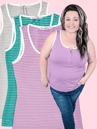 Devon Snap Front Triple Stretch Henley Tank in Stripes-1- ShortSlv/Slvless Tops-MICHELLE MAE-Styled by Stacked - A Plus Size Women's Boutique in Lakeville, MN
