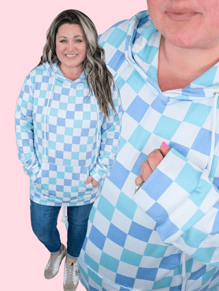 PHC Triple Stretch Pullover Checker Hoodie in Blue + Mint-3- Hooded Tops-MICHELLE MAE-Styled by Stacked - A Plus Size Women's Boutique in Lakeville, MN