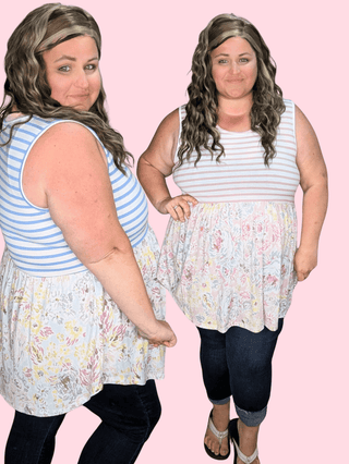 Winona Stripe + Floral Mix Babydoll Tank-1- ShortSlv/Slvless Tops-BE STAGE-Styled by Stacked - A Plus Size Women's Boutique in Lakeville, MN