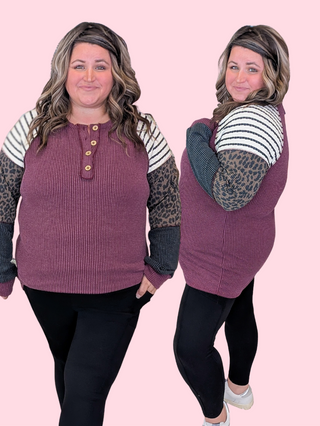 Nico Ribbed Long Sleeve Henley in Plum, Leo + Stripe