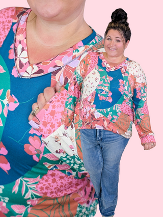 Audrey Patchwork Floral Mix Vneck Long Sleeve Top