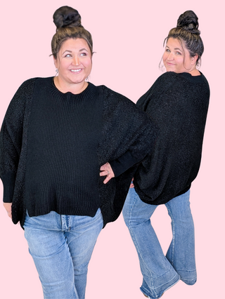 Bari Popcorn Knit Poncho Sweater in Black