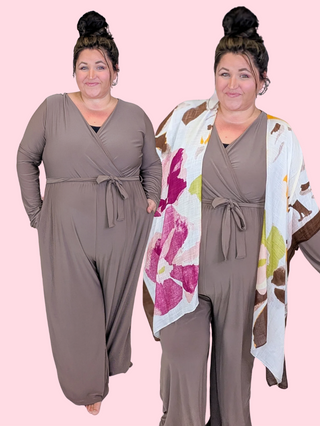 Devin Faux-Wrap Long Sleeve Pantsuit in Mocha